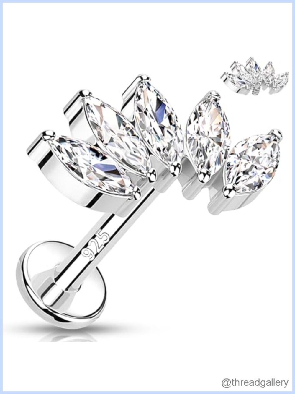 Sterling Silver 925 Curved Helix Earring 16G Marquise CZ Cartilage Stud